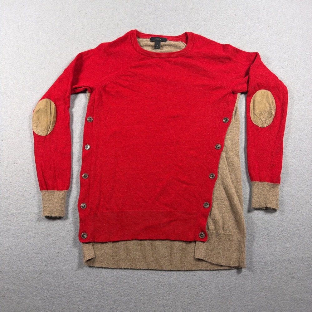 J Crew Sweater Women XS Colorblock Elbow Patch Red Tan Wool Rabbit Blend Preppy
